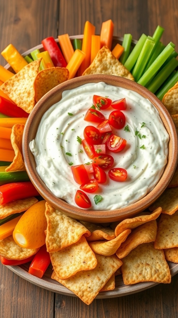 Creamy onion dip topped with tomatoes and herbs, served with vegetable sticks and chips.